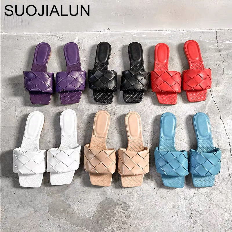 SUOJIALUN 2020 New Brand Slippers Weave Leather Women Sandal Open Toe Flat Casual Slides Summer Outdoor Beach Female Flip Flops