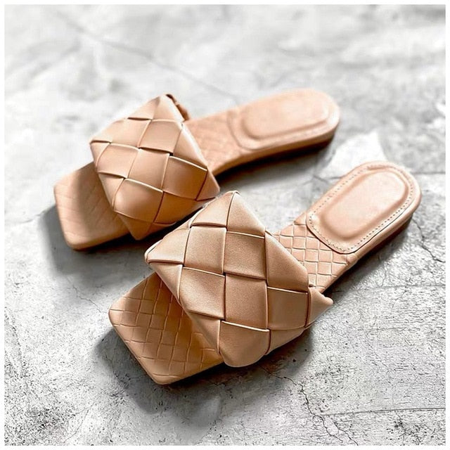 SUOJIALUN 2020 New Brand Slippers Weave Leather Women Sandal Open Toe Flat Casual Slides Summer Outdoor Beach Female Flip Flops