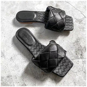 SUOJIALUN 2020 New Brand Slippers Weave Leather Women Sandal Open Toe Flat Casual Slides Summer Outdoor Beach Female Flip Flops