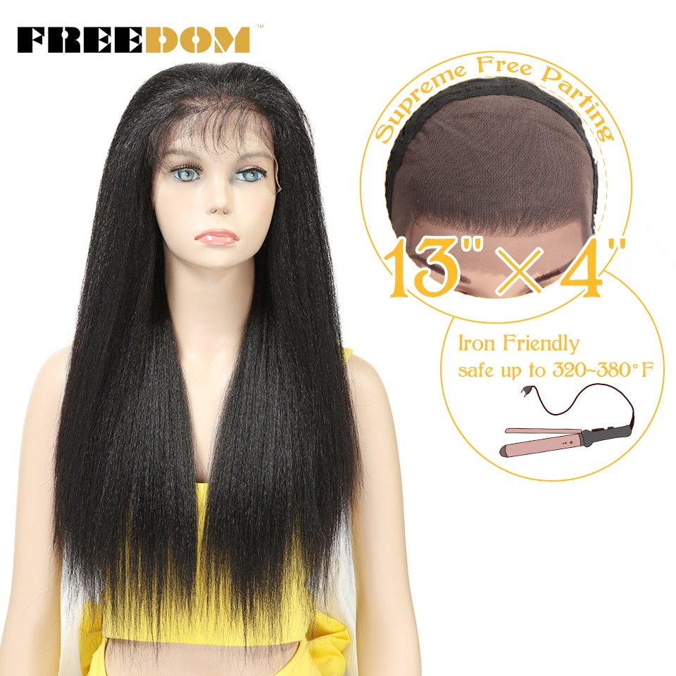 FREEDOM Synthetic Lace Front Wigs For Black Women Yaki Straight Long 26inch 65cm Afro Lace Wig Baby Hair Heat Resistant Fiber