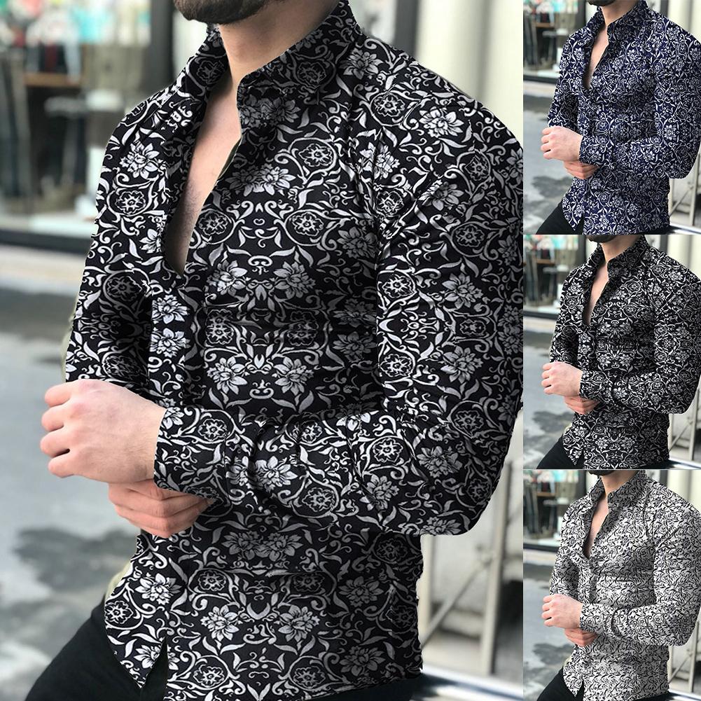 Fashion Shirts For Men Long Sleeve Floral Print Shirt Autumn Shirts Men Dress Camisa Button Lapels Collar Male Turn Down Collar