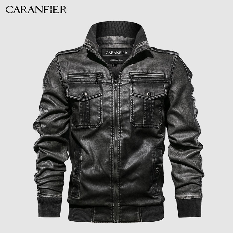 CARANFIER Mens Leather Jackets Motorcycle Stand Collar Zipper Pockets Male US Size PU Coats Biker Faux Leather Fashion Outerwear