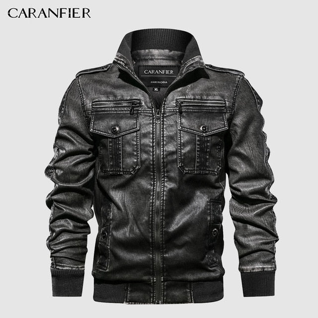 CARANFIER Mens Leather Jackets Motorcycle Stand Collar Zipper Pockets Male US Size PU Coats Biker Faux Leather Fashion Outerwear