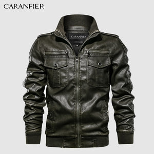 CARANFIER Mens Leather Jackets Motorcycle Stand Collar Zipper Pockets Male US Size PU Coats Biker Faux Leather Fashion Outerwear