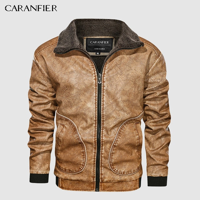 CARANFIER Mens Leather Jackets Motorcycle Stand Collar Zipper Pockets Male US Size PU Coats Biker Faux Leather Fashion Outerwear